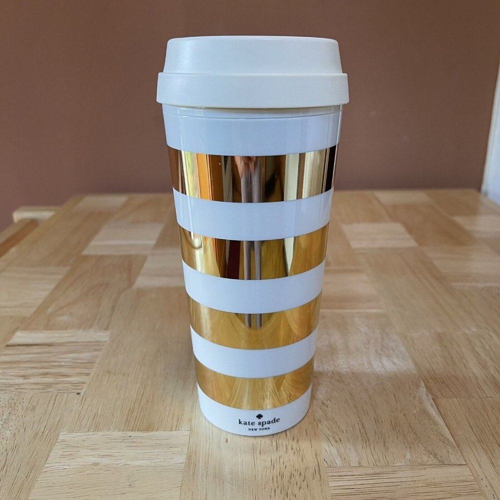 Kate Spade New York Thermal Travel Coffee Mug Tumbler 16 Ounces Gold Stripe - Picture 1 of 9